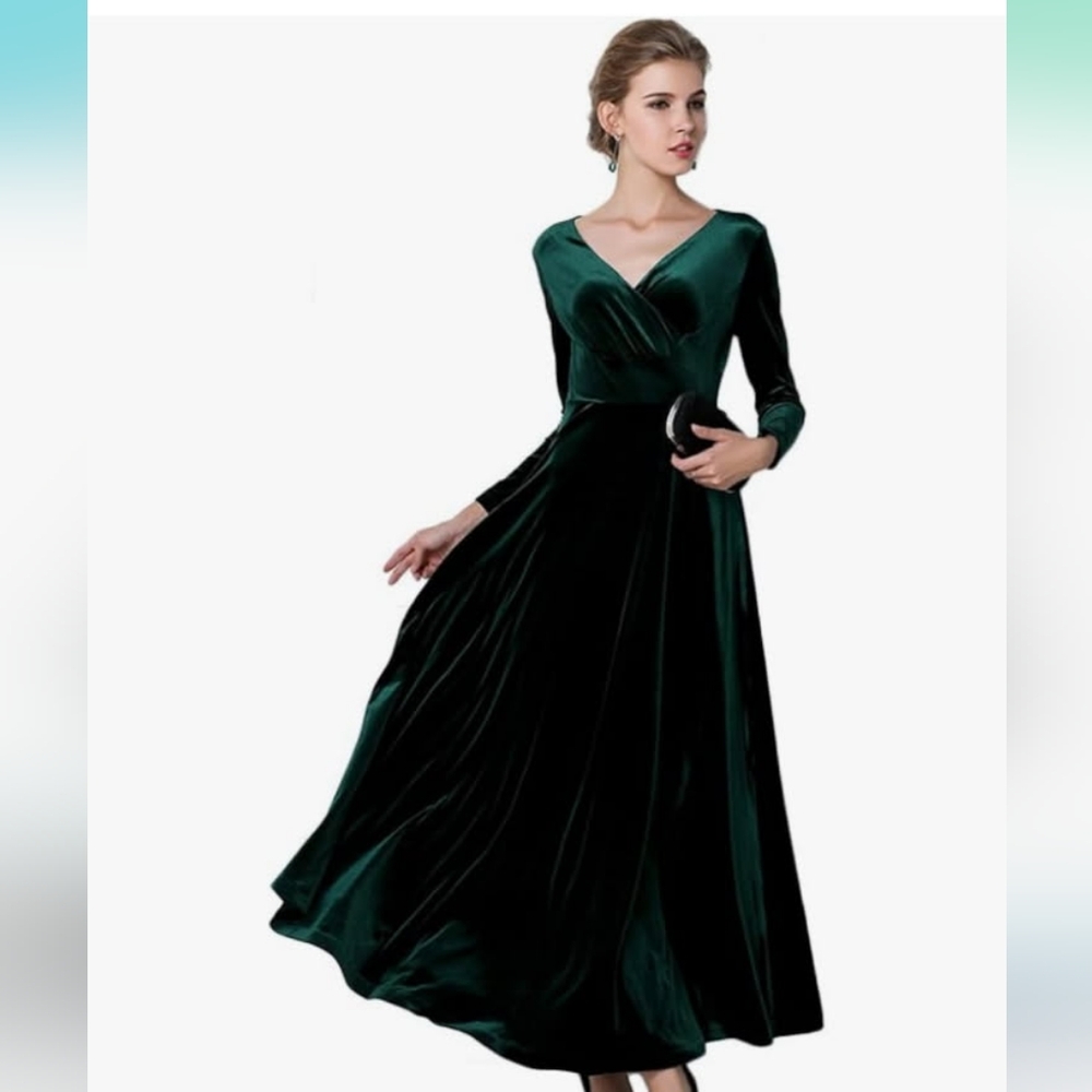 Emerald Green Long Sleeve V Neck Gown for Wedding Guest any occasion